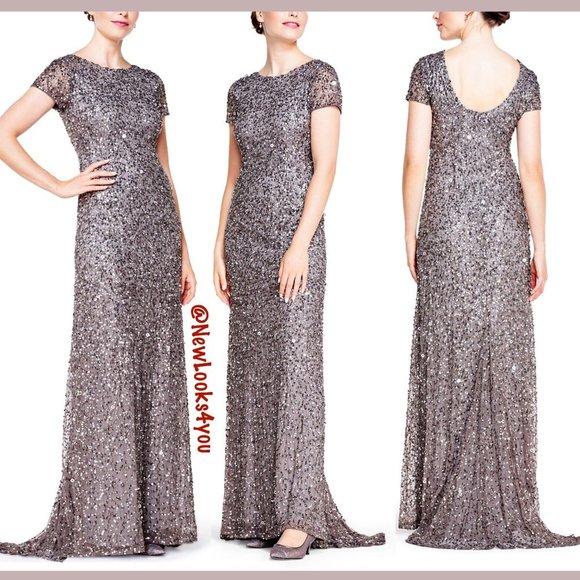 NEW $248‎ Adrianna Papell Short Sleeve Sequin Mesh Gown in Lead [ Size 4 10 ] - Picture 3 of 14